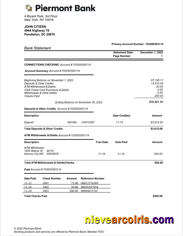 USA New York Piermont bank statement Word and PDF